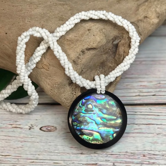 NEW Real Abalone Seashell Pendant Glass Beaded Multi Strand Statement Necklace - Picture 4 of 16